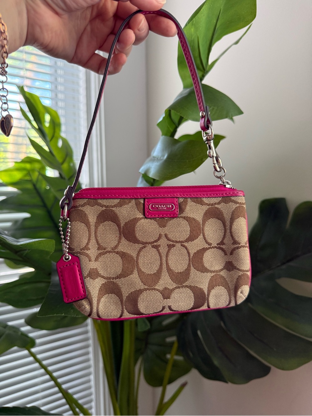 Coach Beige Signature Canvas Wristlet with Pink Trim